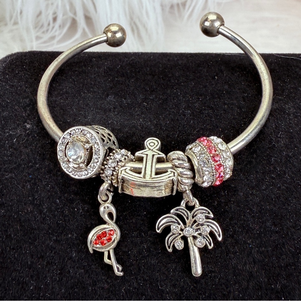 Vintage Silvertone Charm Bracelet palm tree, anchor flamingo Accents